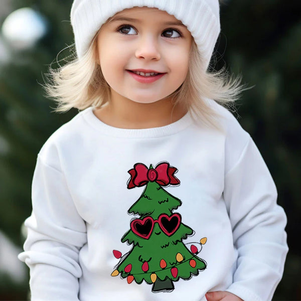 Boys and Girls Sweet Christmas Tree Hoodless Sweatshirt Fashion Cartoon Xmas Graphic Y2K Sudaderas Casual Xmas Kids Pullover