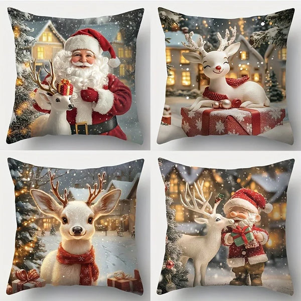 Christmas Pillow Cover – Santa Claus and Reindeer Design for Couch, Sofa, or Home Decor