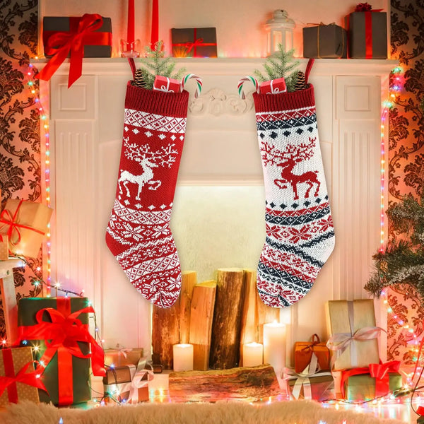 18-Inch Knitted Christmas Stocking with Reindeer Design – Festive Stocking for Gifts and Holiday Decor