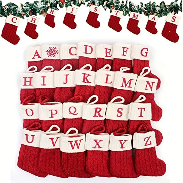 Knitted Christmas Stocking – Alphabet Letters and Snowflake Pattern, Xmas Gift Bag and Tree Decoration