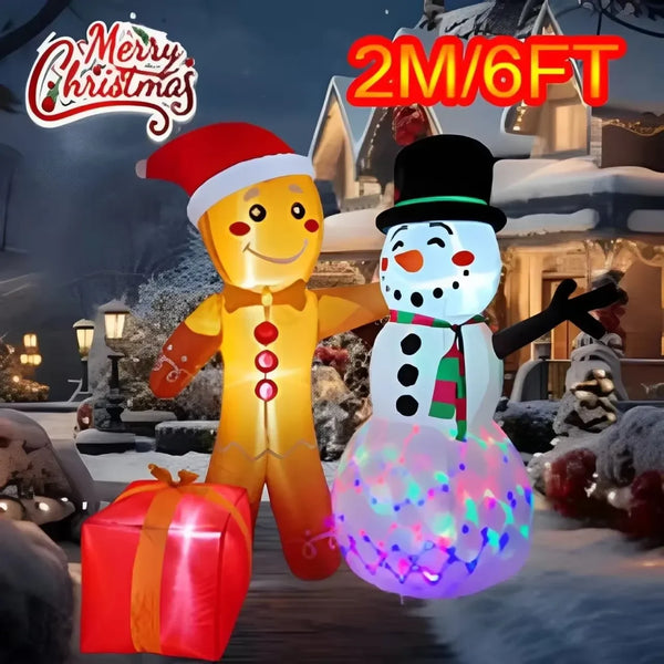 6.6FT Inflatable Snowman & Gingerbread Man with LED Lights – Christmas Indoor/Outdoor Decoration